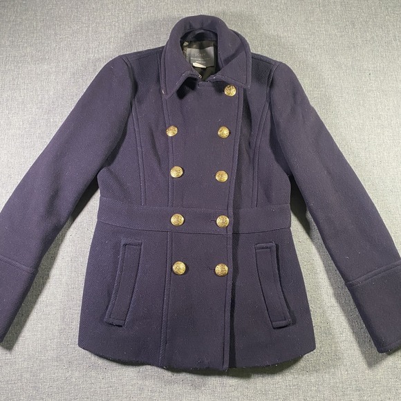 J Crew Jacket Womens 2 Stadium Cloth Nello Gori Peacoat Wool Gold Button Coat - Picture 1 of 6